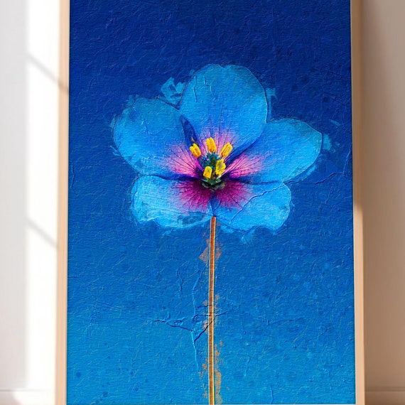 Blue Flower Art Print Minimalist Floral Wall Decor With Bold Blue Gradient Background For Modern And Boho Home Decor