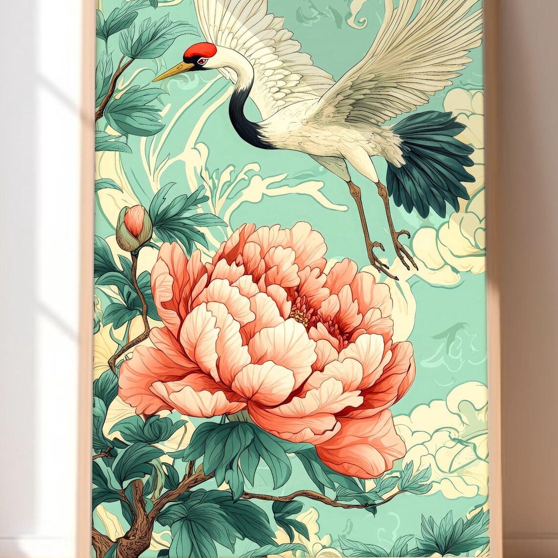 Japanese Crane Peony Flower Asian Style Botanical Art Print Decor