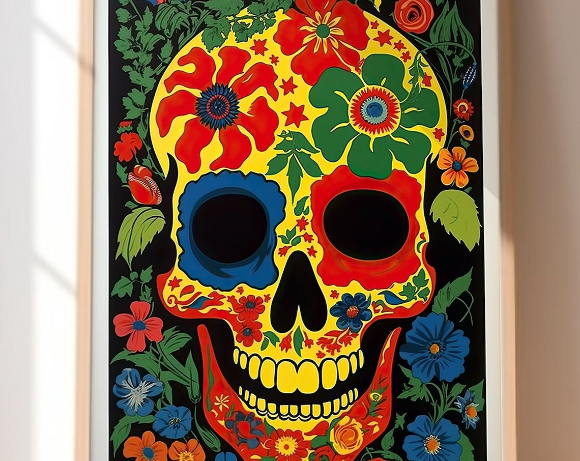 Colorful Sugar Skull Folk Art Floral Calavera Day of the Dead Wall Art