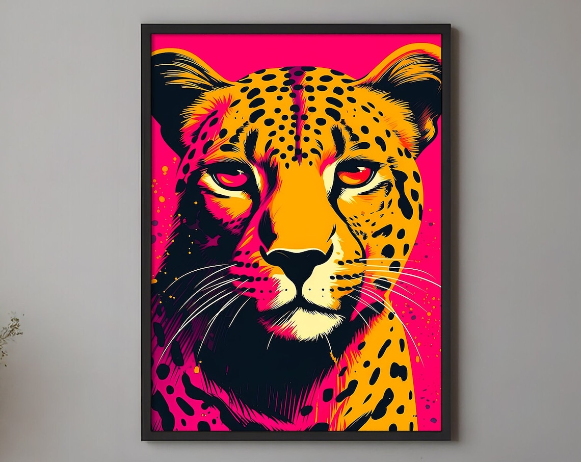 Bold Pop Art Cheetah Portrait on Neon Hot Pink Background Poster