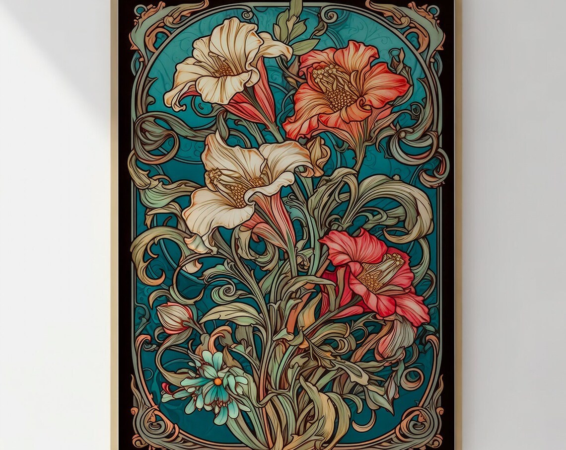 Art Nouveau Cream and Coral Florals Teal Botanical Art Print