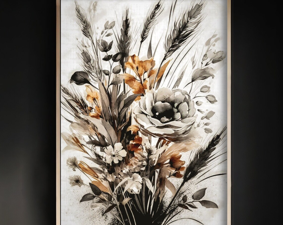 Vintage Sepia Wildflower Bouquet Wheat Elegant Botanical Art Print