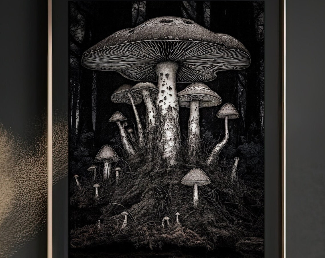 Gothic Black and White Mushroom Forest Dark Botanical Wall Art