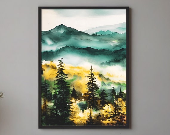 Watercolor Forest Nature Print Forest Print Landscape Art Green Print Foggy Trees Wall Art Decor