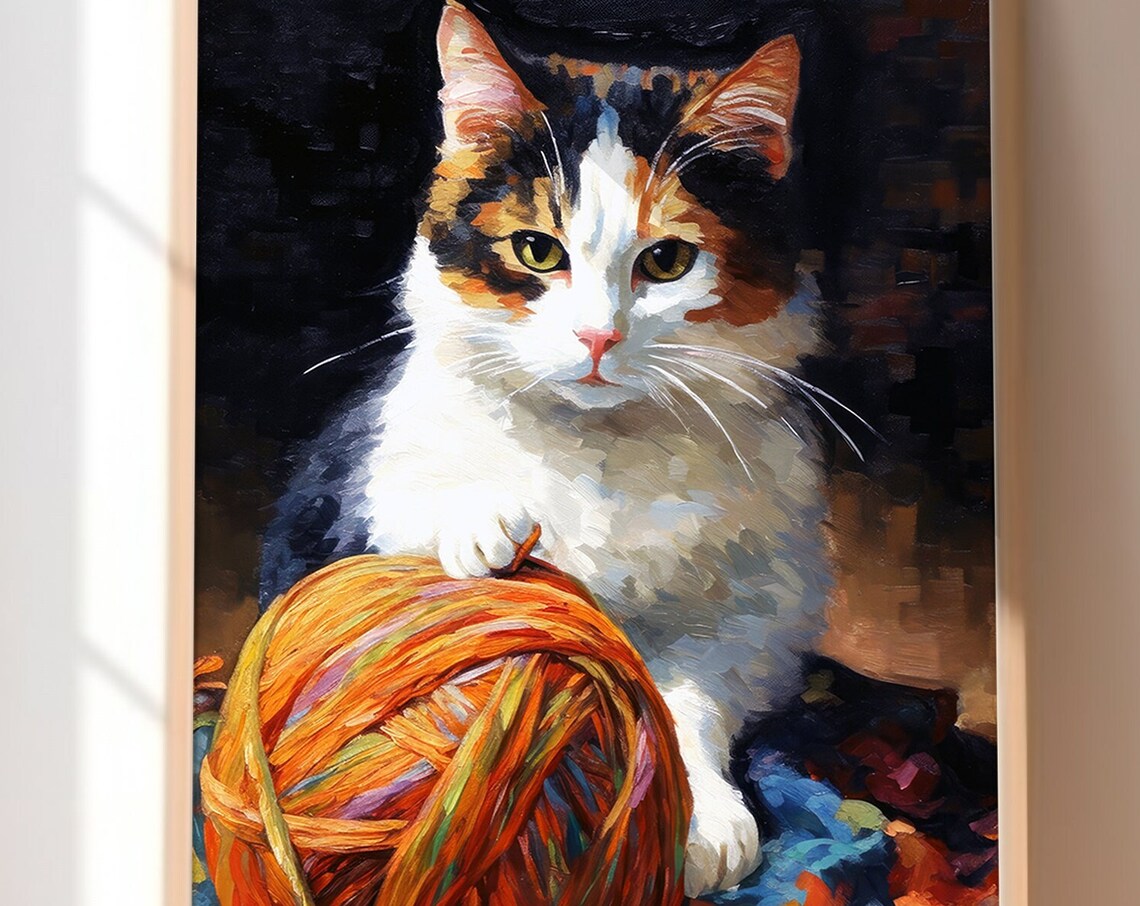 Playful Calico Kitten With a Ball of Yarn Funny Cat Art Poster