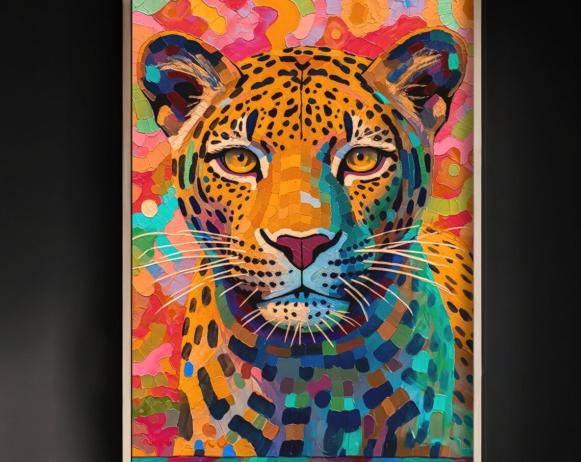 Colorful Pop Art Jaguar Portrait in Mosaic Brushstrokes Poster