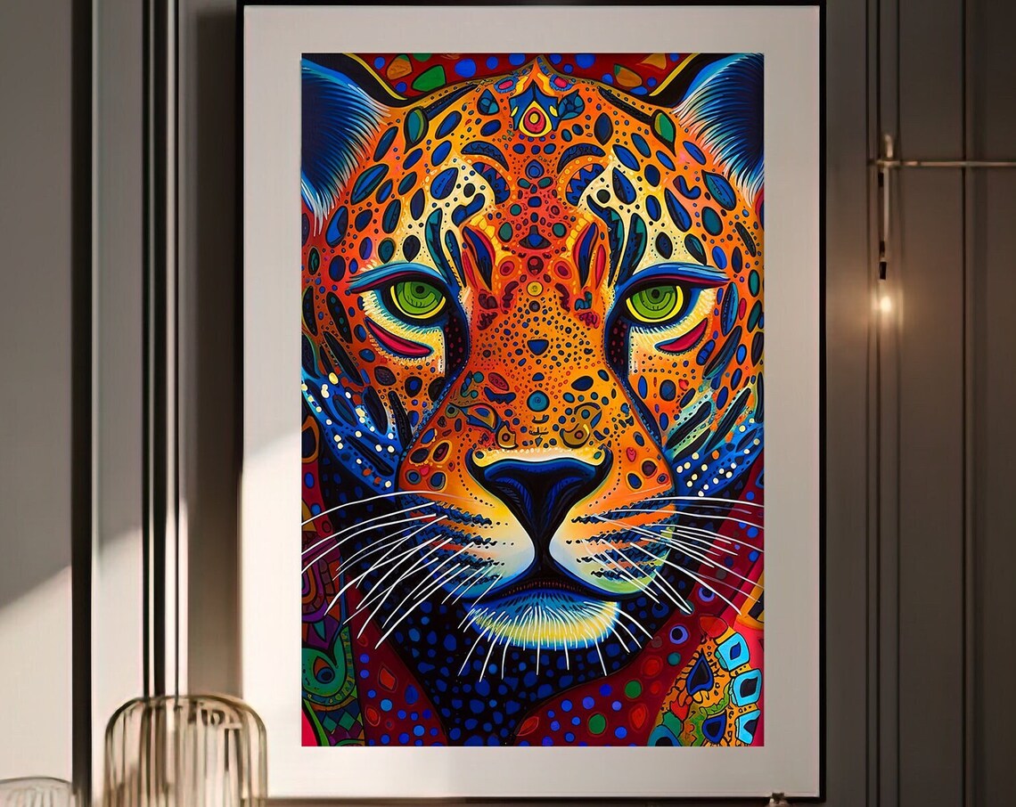 Colorful Huichol Folk Art Jaguar Portrait Vibrant Mexican Poster