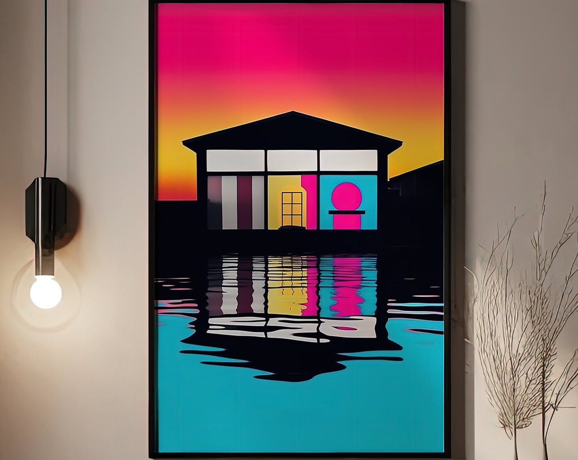 Neon Sunset House With Colorful Windows Beside Rippling Water Poster - Image 2