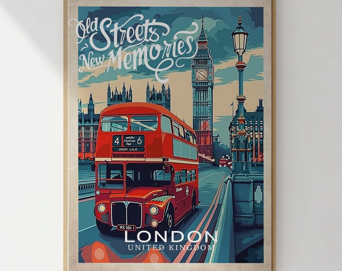 London Red Double Decker Bus and Big Ben Vintage Travel Poster