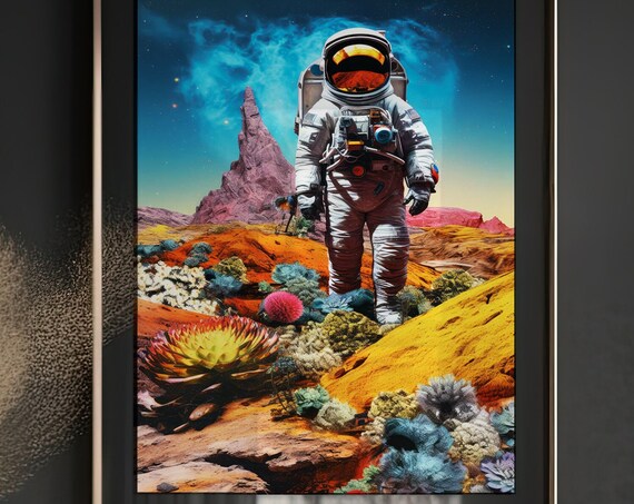 Astronaut Alien Planet Wildflowers Surreal Space Landscape Poster