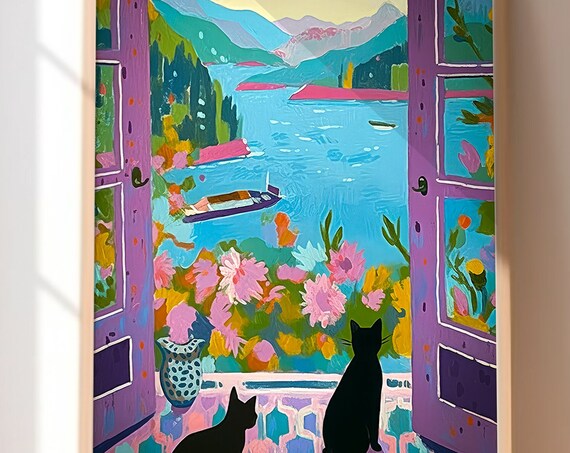 Two Black Cats At Open Window Purple Shutters Matisse Style Fauvist Print