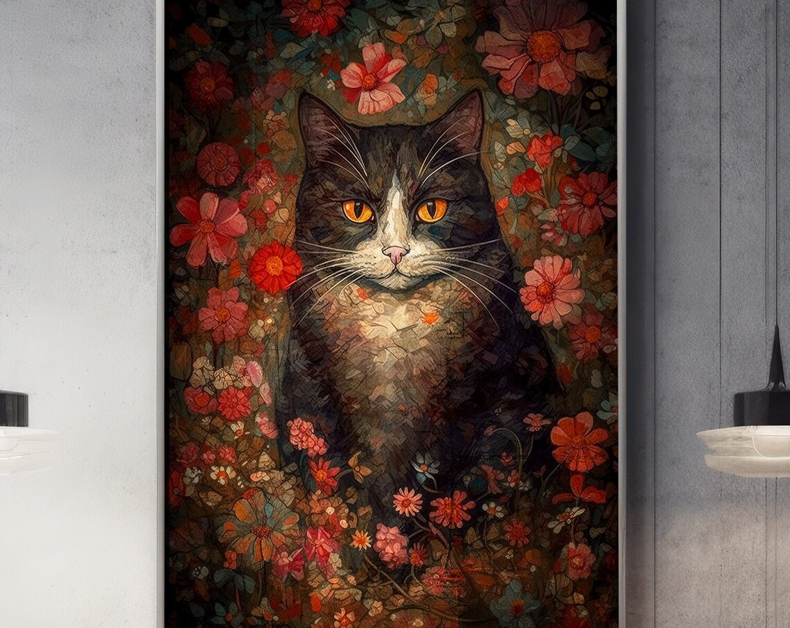 Tuxedo Cat Portrait Surrounded by Red Blooming Flowers Poster