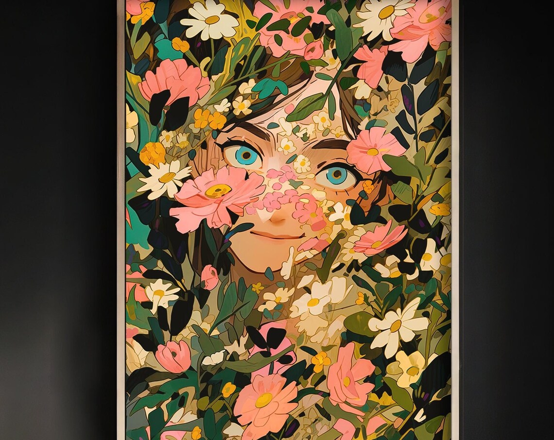Anime Girl Peeking Through Pink Blossoms and Green Leaves Poster