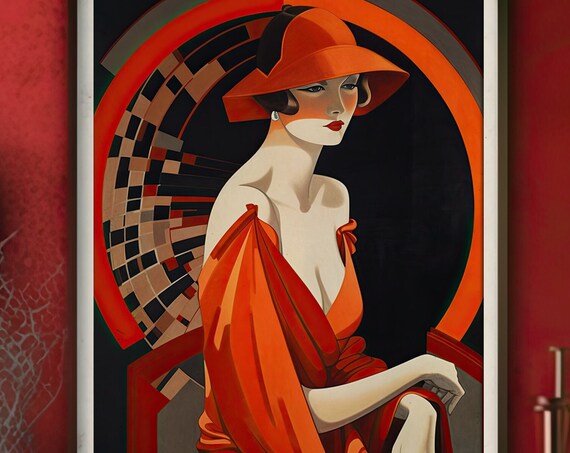 Elegant Art Deco Lady in a Red Cloche Hat and Scarlet Silk Gown Poster