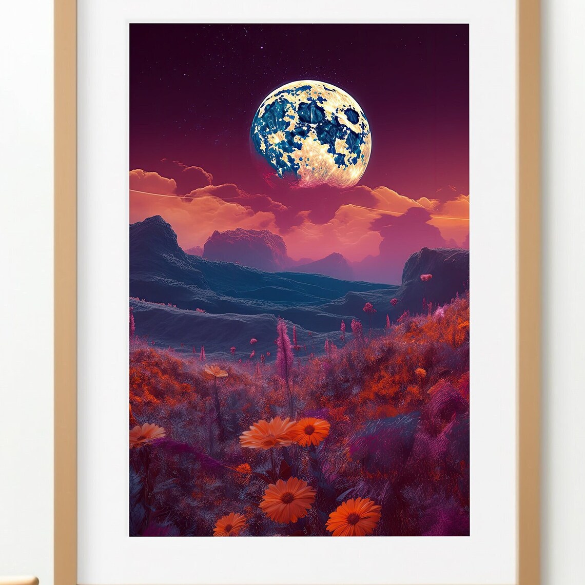Retro Futurism Universe Space Moon Flowers Surreal Sci Fi Poster