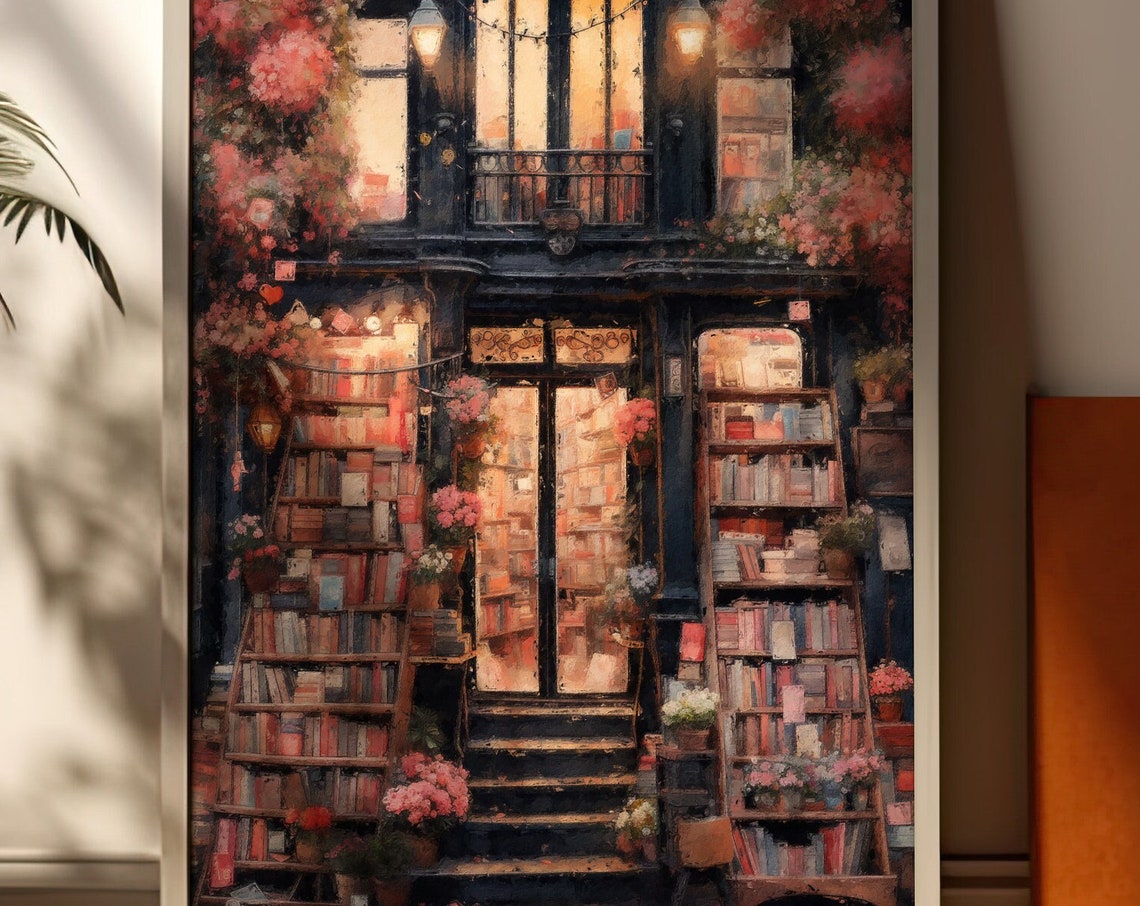 Enchanted New York Bookshop Night Cozy Storefront Scene Wall Art