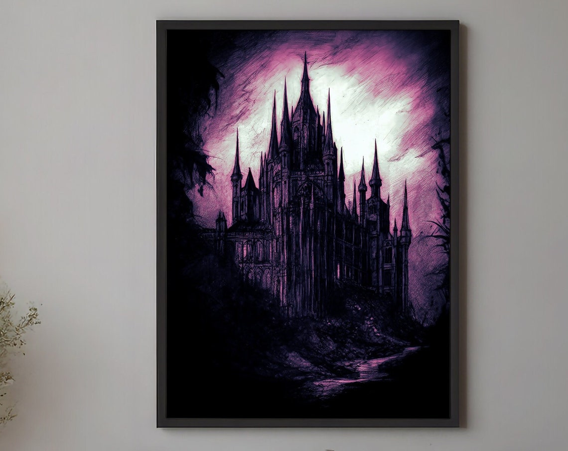 Gothic Dark Castle Under Purple Moonlight Spooky Halloween Art Print
