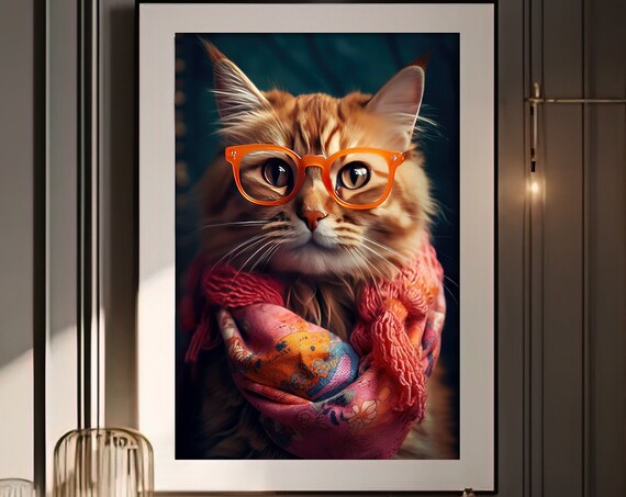 Quirky Ginger Cat Wearing Bright Orange Glasses and a Knit Scarf Poster