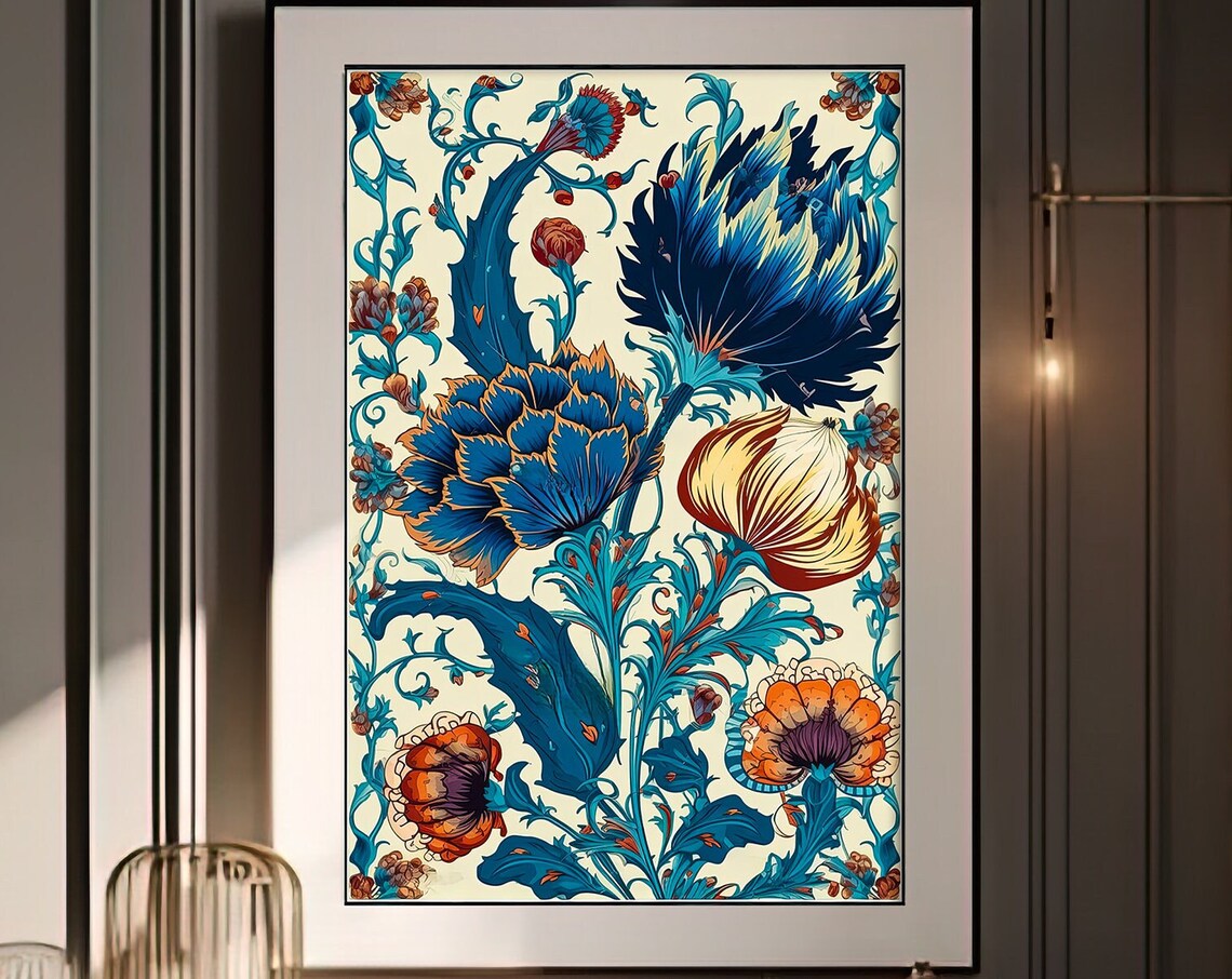 Vintage Blue Thistle Floral Morris Style Botanical Art Print