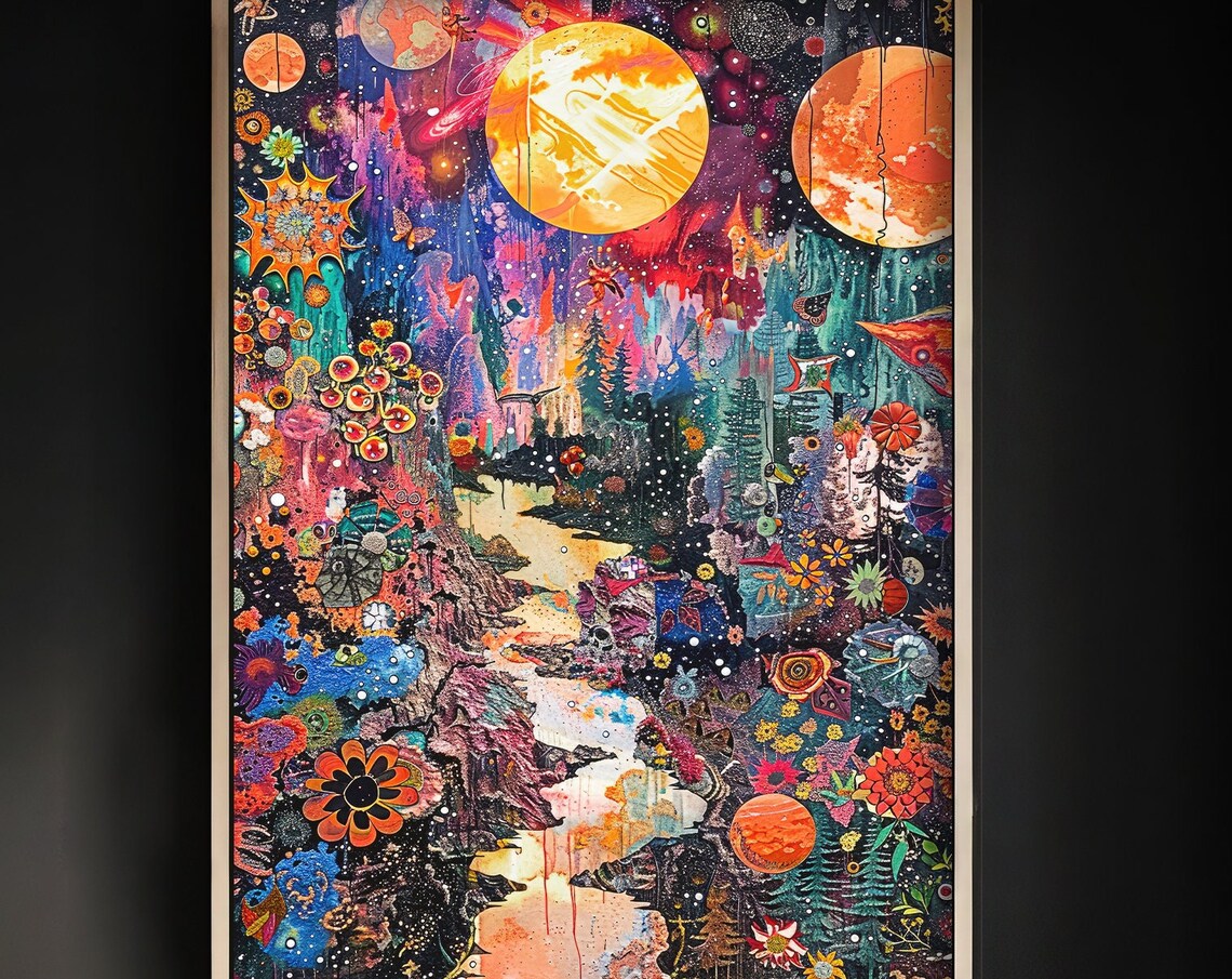 Celestial Maximalist Art of Moon Over a Cosmic Garden Poster
