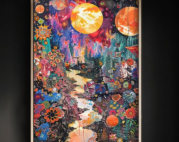 Celestial Maximalist Art of Moon Over a Cosmic Garden Poster