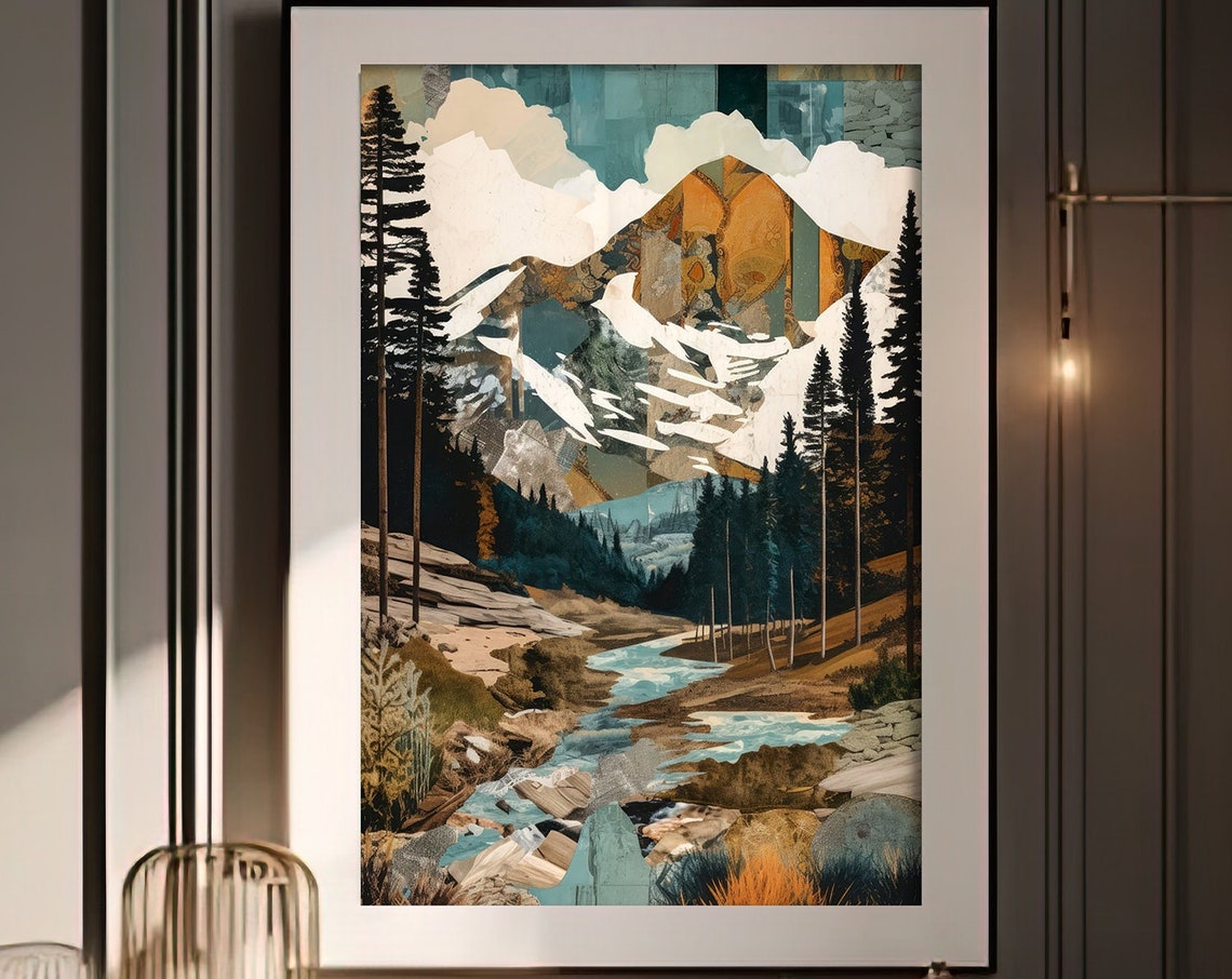 Snow Capped Mountain With a River Abstract Landscape Collage Poster