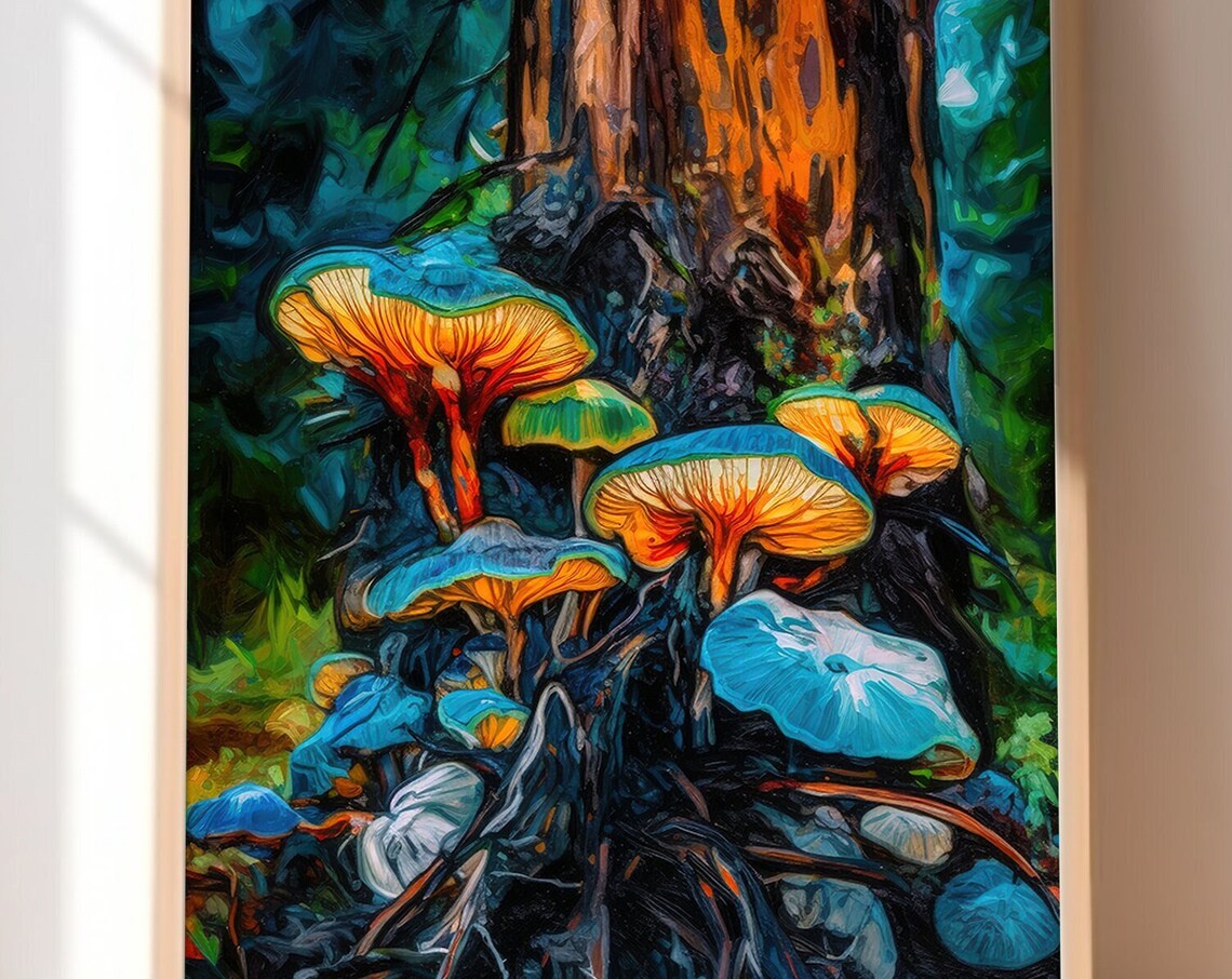 Glowing Blue Mushroom Forest Floor Moody Oil Painting Poster