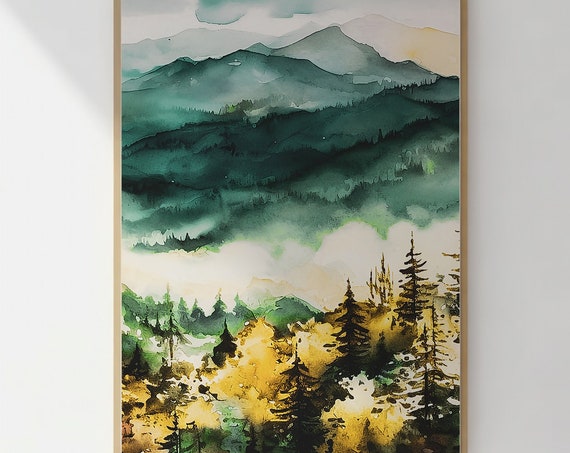 Watercolor Forest Nature Print Forest Print Landscape Art Green Print Foggy Trees Wall Art Decor