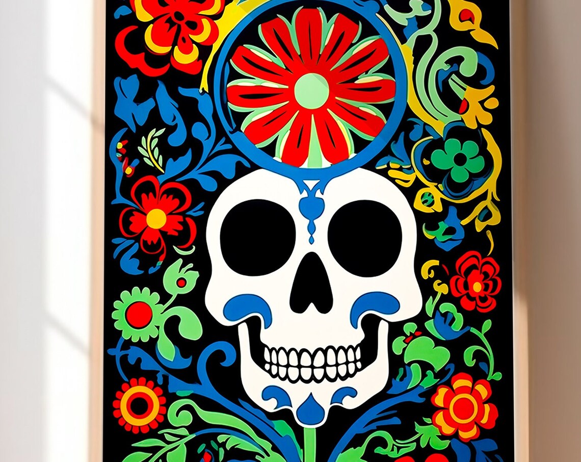 Colorful Sugar Skull with Flowers Day of the Dead Gothic Poster