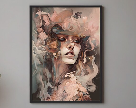 Abstract Watercolor Woman Face Dissolving in Smoke Art Print