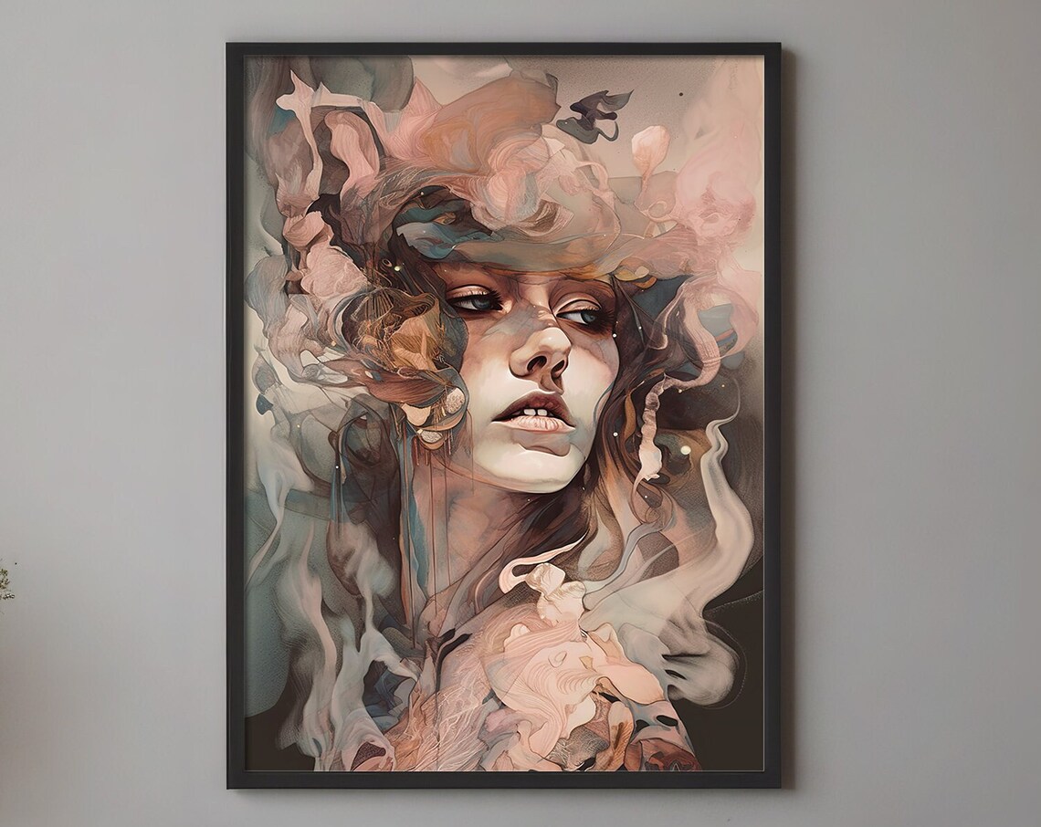 Abstract Watercolor Woman Face Dissolving in Smoke Art Print