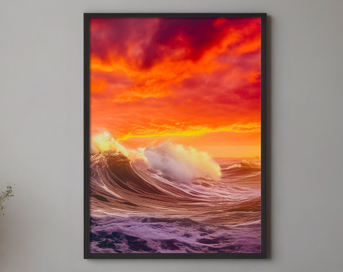Vivid Fiery Sunset Ocean Wave Colorful Dramatic Seascape Art Print