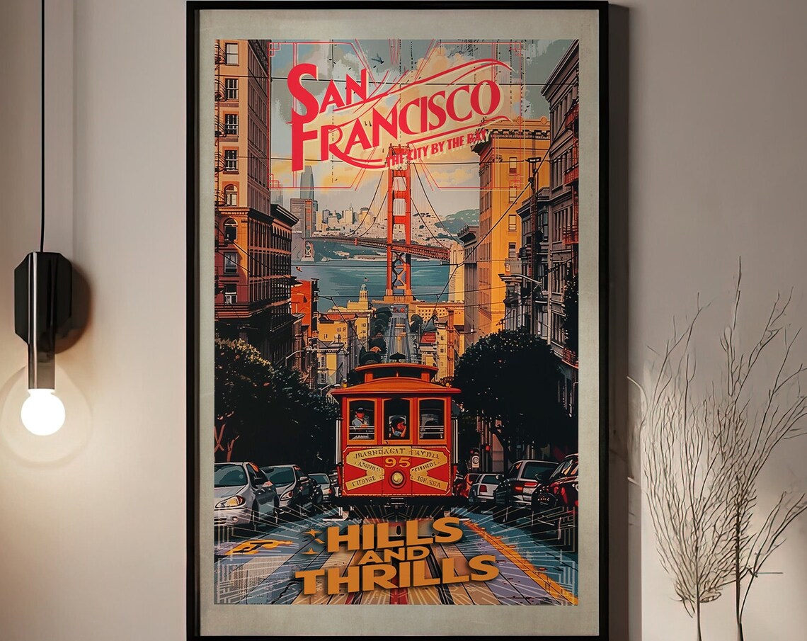 San Francisco Cable Car Hills and Thrills Retro Travel Poster