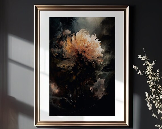 Elegant Moody Peony Bloom in Champagne Tones on a Black Backdrop Poster