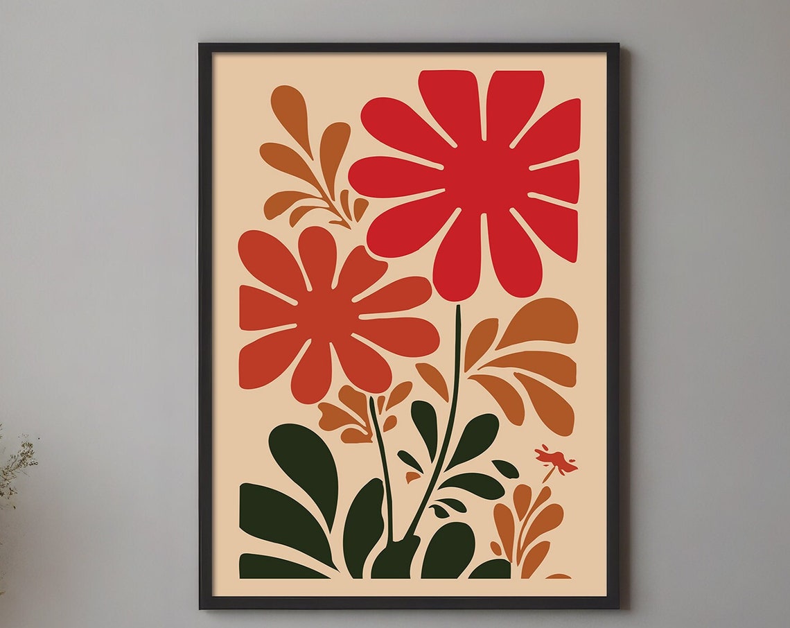 Bold Red Flowers Matisse Style Retro Modern Botanical Art Print