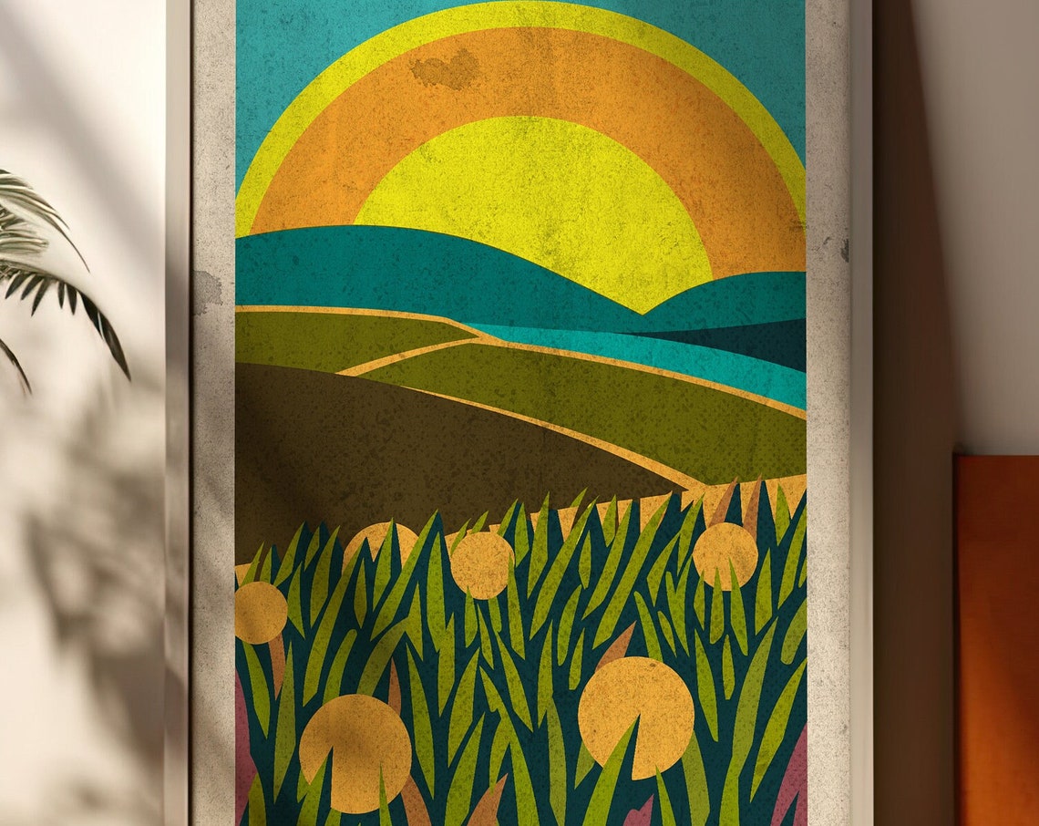 Retro Sunrise Over Green Meadow Vintage Geometric Landscape Art Poster