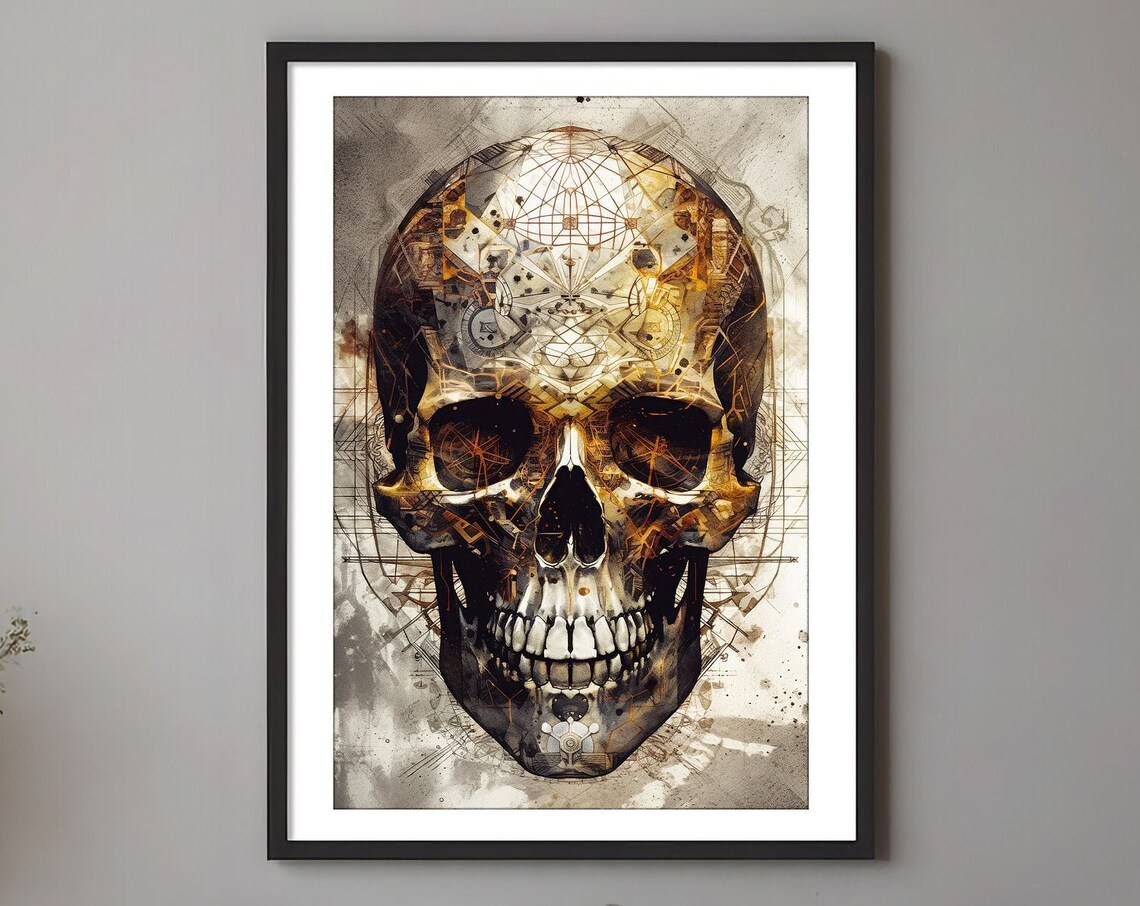 Mystical Golden Geometric Skull Poster with Steampunk Cosmic Design Art