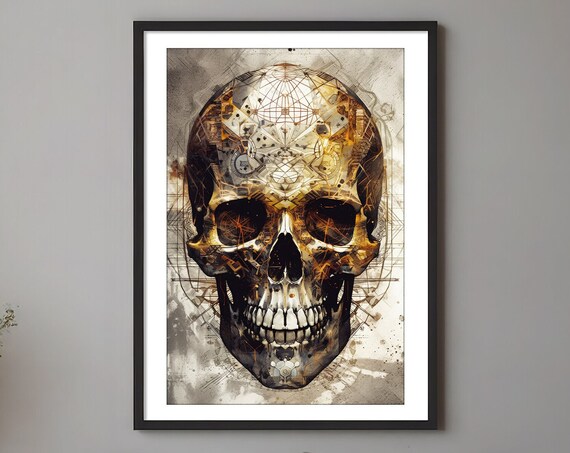 Mystical Golden Geometric Skull Magical Wall Art Print