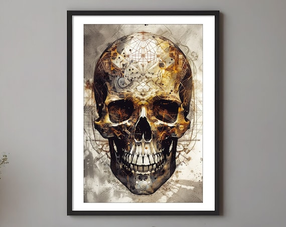 Mystical Golden Geometric Skull Poster with Steampunk Cosmic Design Art