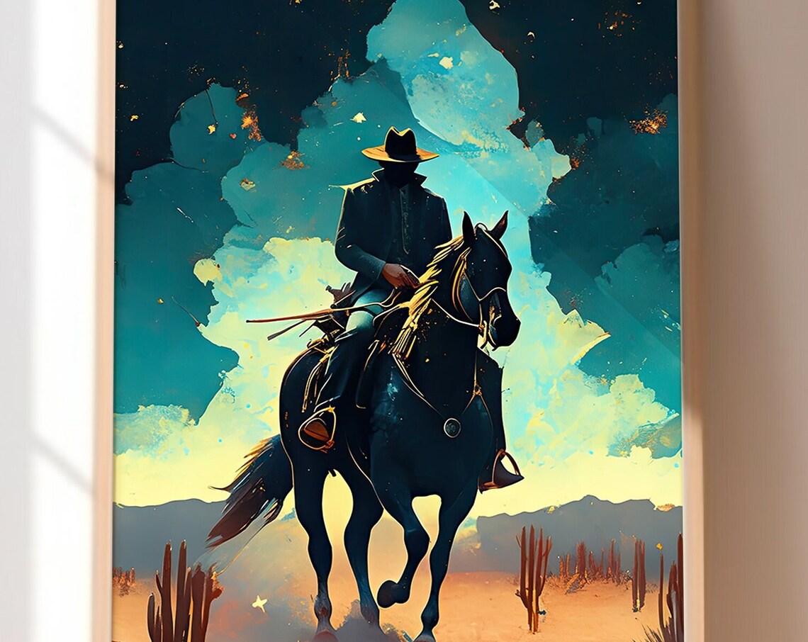 Cowboy Silhouette on Black Horse Under a Teal Desert Night Sky Poster