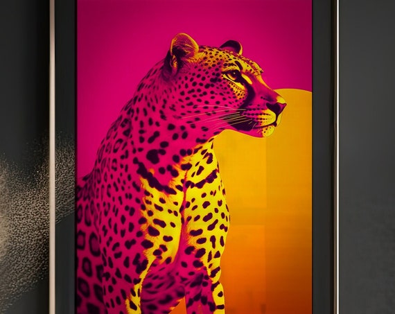 Hot Pink Leopard in Bold Pop Art Style Maximalist Animal Poster