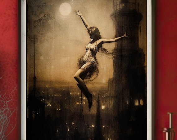 Vintage Witch Moonlit Night Flight Spooky Gothic Dark Wall Art