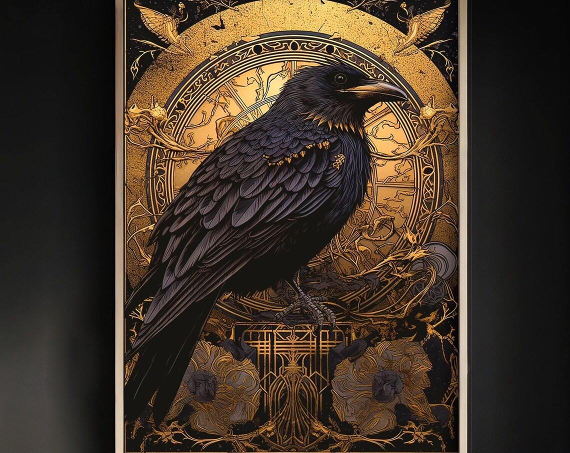 Majestic Black Raven Perched Before a Golden Art Nouveau Sun Wheel Poster