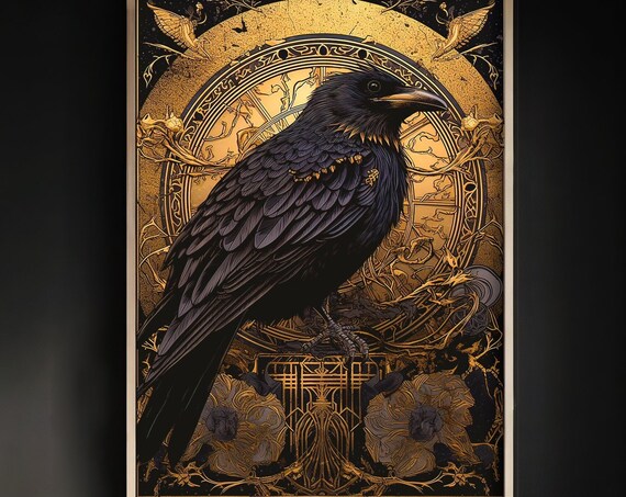 Majestic Black Raven Perched Before a Golden Art Nouveau Sun Wheel Poster