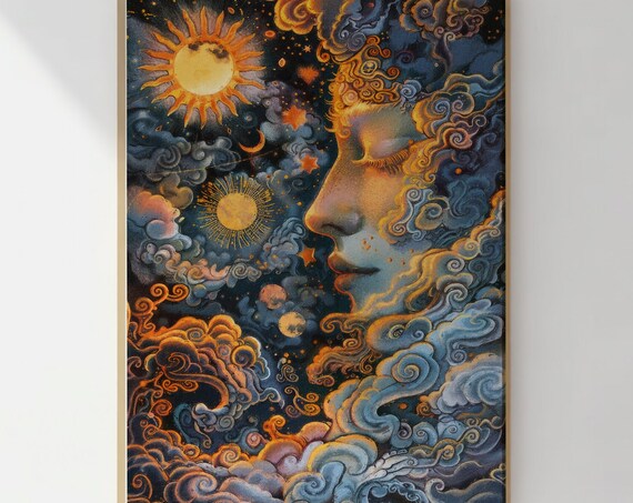Celestial Sun and Moon Faces in a Mystical Dreamscape Sky Poster