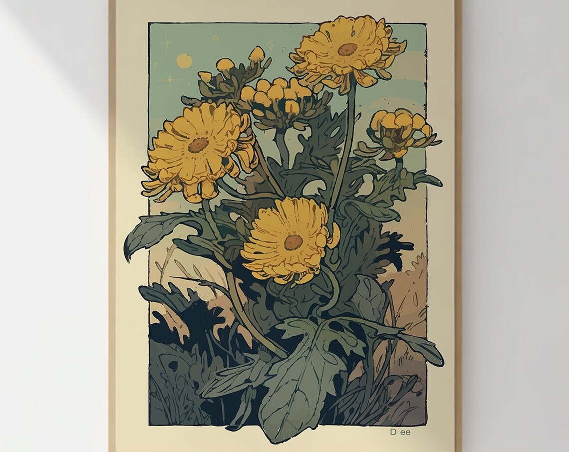 Golden Yellow Chrysanthemum Blooms Vintage Botanical Art Print