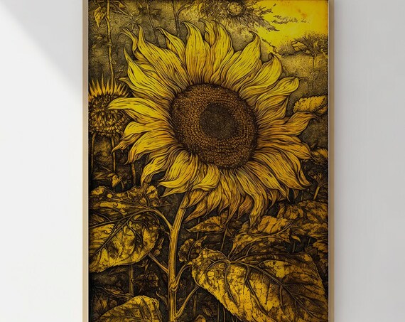 Golden Sunflower Botanical Engraving Intricate Vintage Floral Poster
