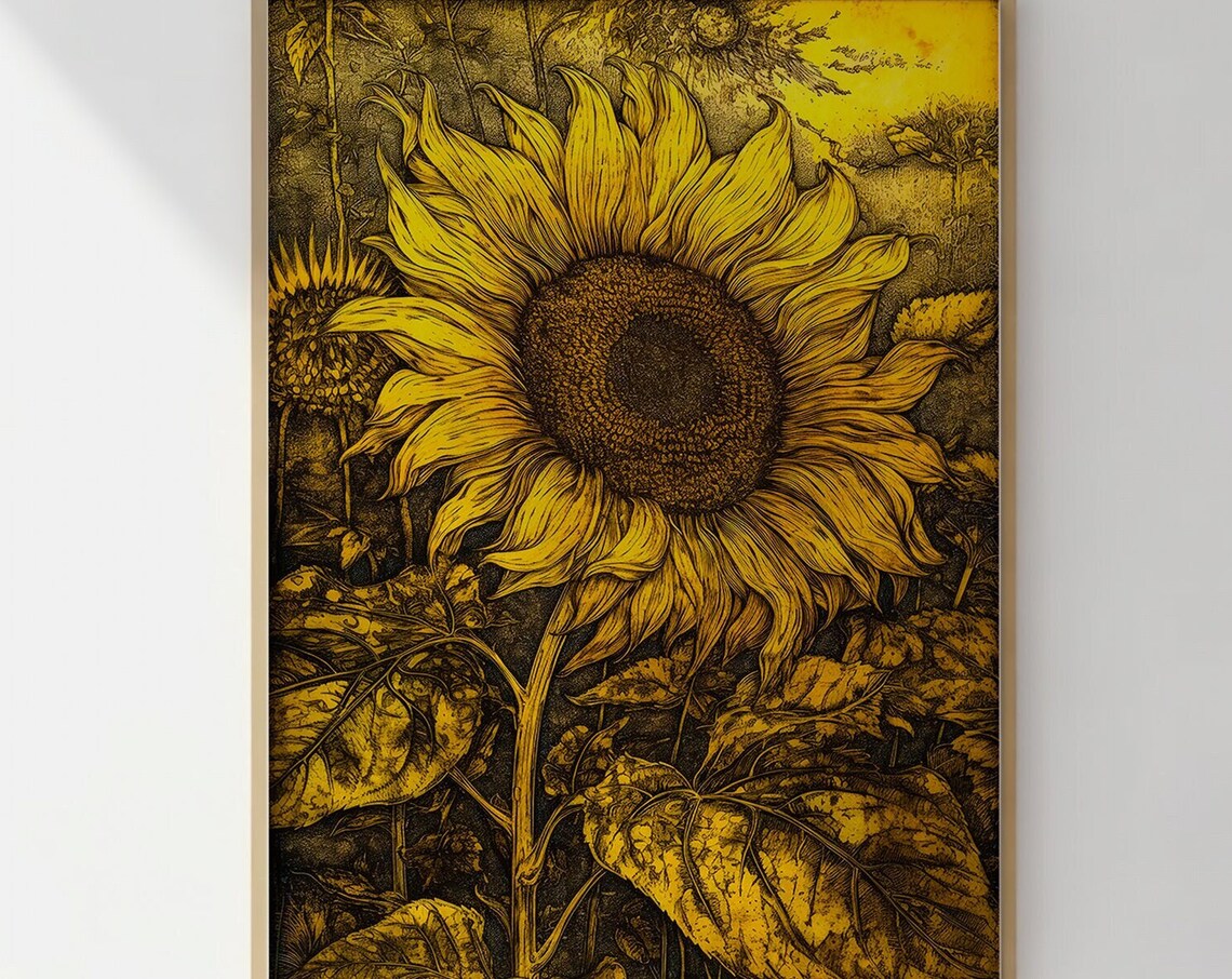 Golden Sunflower Botanical Engraving Intricate Vintage Floral Poster