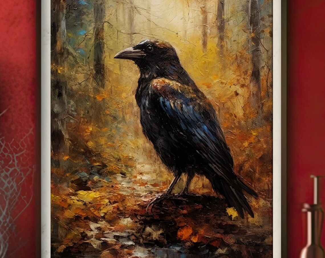 Majestic Crow in Autumn Forest Oil Painting Dark Academia Bird Poster