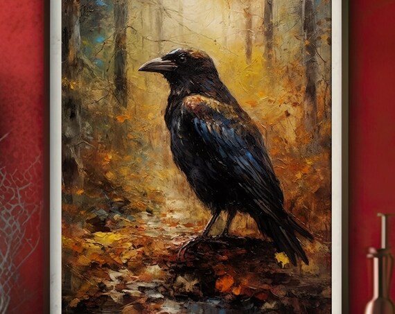 Majestic Crow in Autumn Forest Oil Painting Dark Academia Bird Poster